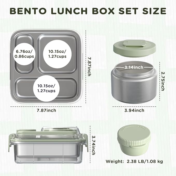 Stainless Steel Bento Lunch Box for Kids Adults with 8oz Insulated Food Jar, Leak-proof, Dishwasher-Safe, Transparent Lid with Sauce Cup and Cutlery Storage for School & Travel,BPA-Free(Green)