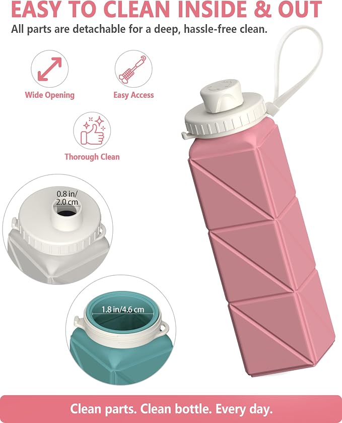 BEAUTAIL Collapsible Water Bottles 21oz/610mL, Silicone Travel Water Bottle | BPA Free, Leakproof & Reusable, Foldable Water Bottle for Traveling, Hiking, Gym, School, Sports, Outdoor, 1-Pack, Pink