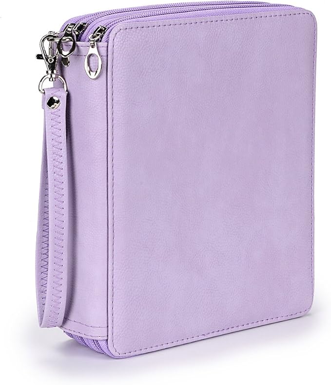 BTSKY Deluxe PU Leather Pencil Case For Colored Pencils - 120 Slot Pencil Holder with Handle Strap Handy Colored Pencil Box Large (Purple)