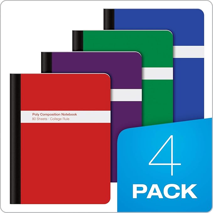 Oxford Poly Composition Notebook 4 Pack, College Ruled Paper, 9-3/4 x 7-1/2 Inches, 80 Sheets, Assorted Colors: Blue, Green, Purple, Red (64958)