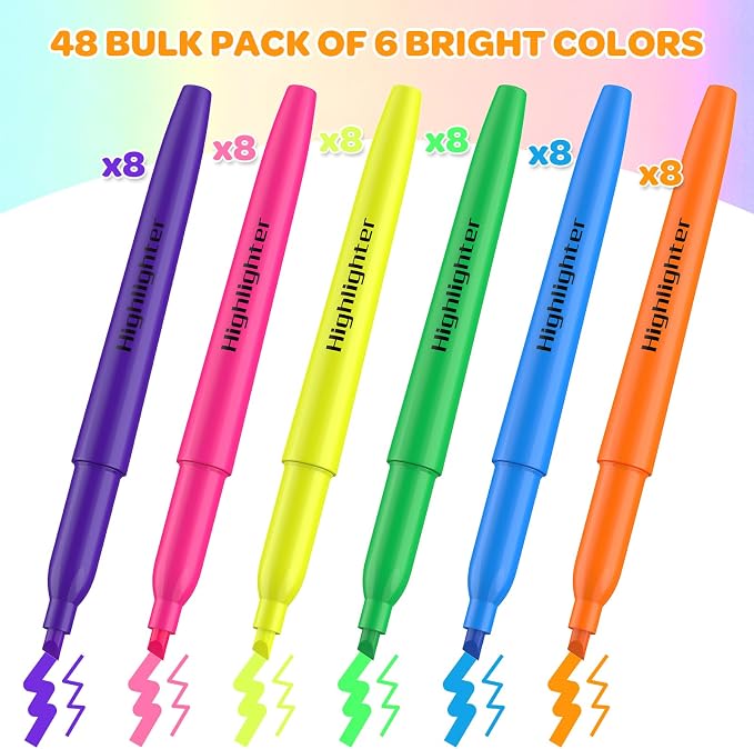 48 Count Highlighters Bulk - 6 Assorted Bright Colors, Chisel Tip, No Bleed & Quick Dry, Ideal for Note Taking, Studying, School, Office, Student & Teacher Supplies