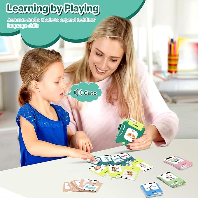 Spanish & English 420 Words Bilingual Talking Flash Cards for Toddlers 1 2 3 4 5 6 Year Olds, Montessori Learning Toys, Pocket Speech Therapy Autism Toys, Sensory Preschool Educational Birthday Gift