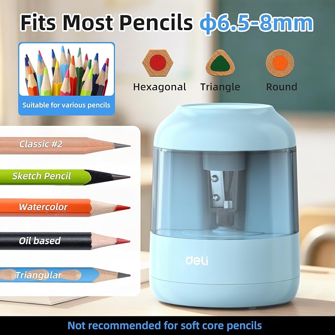 deli Electric Pencil Sharpener, Battery Operated, 6.5–8mm for Classroom