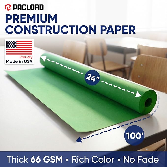 Green Construction Paper Roll 24" x 100 ft – Made in USA – 24" Bulletin Board Paper for Classroom & School, Teachers & Kids