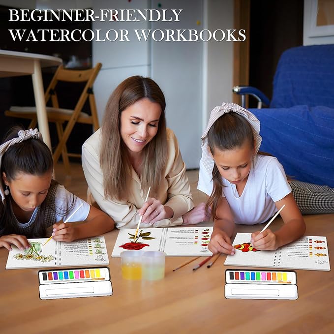 Watercolor Workbook, Watercolor Workbook Paint Book Beginner Friendly with 12 Patterns, Beginner-Friendly Watercolor Workbooks with 12 Paint Colors & Brush, Water Color Paint Set Valentine's Day Gift