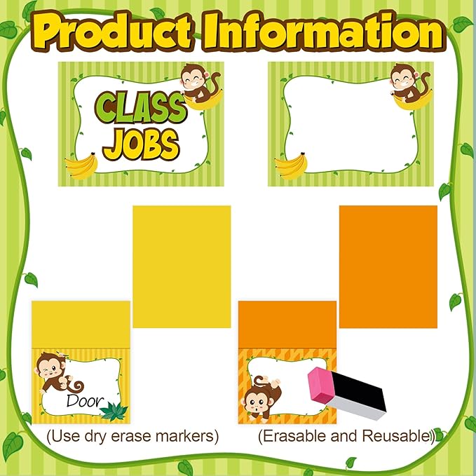 112 Pcs Monkey Class Jobs Bulletin Board Set Jungle Animal Classroom Jobs Pocket Chart Bulk Class Management Educational Chart Teacher's Helper Poster Decoration Back to School Supplies