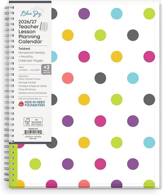 Blue Sky 2026-2027 Weekly and Monthly Academic Year Teacher Lesson Planner Calendar, July 2026 - June 2027, 8.5" x 11", Clear Pocket Cover, Wirebound, Laminated Tabs, Storage Pocket, Dots