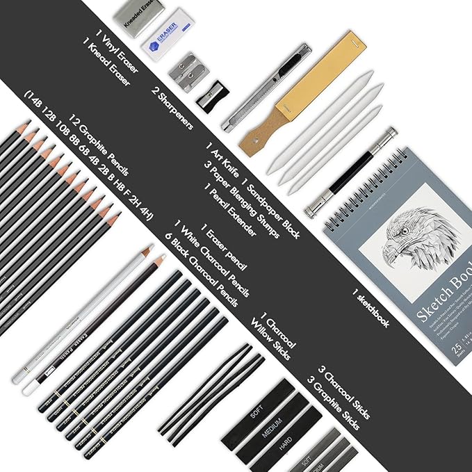 Brusarth 42 Pack Drawing Set Sketching Kit, Pro Art Sketch Supplies with Sketchbook, Include Graphite Pencil, Charcoal Pencil, Sharpener, Eraser Art Supplies for Artists Adults Teens Beginner