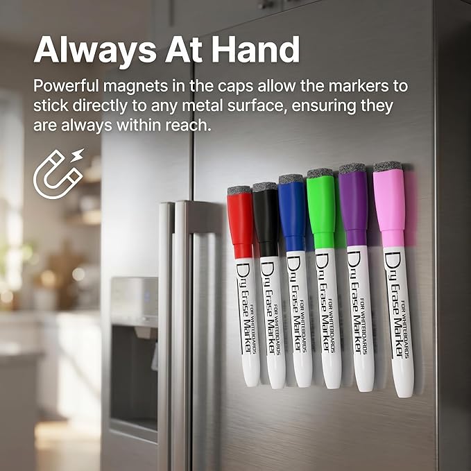 Volcanics Colored Magnetic Dry Erase Markers Fine Tip, Low Odor Whiteboard Markers with Eraser Cap, Dry Erase Pens for Calendar, Refrigerator, School, Office, Home, 6 Assorted Colors, Pack of 6