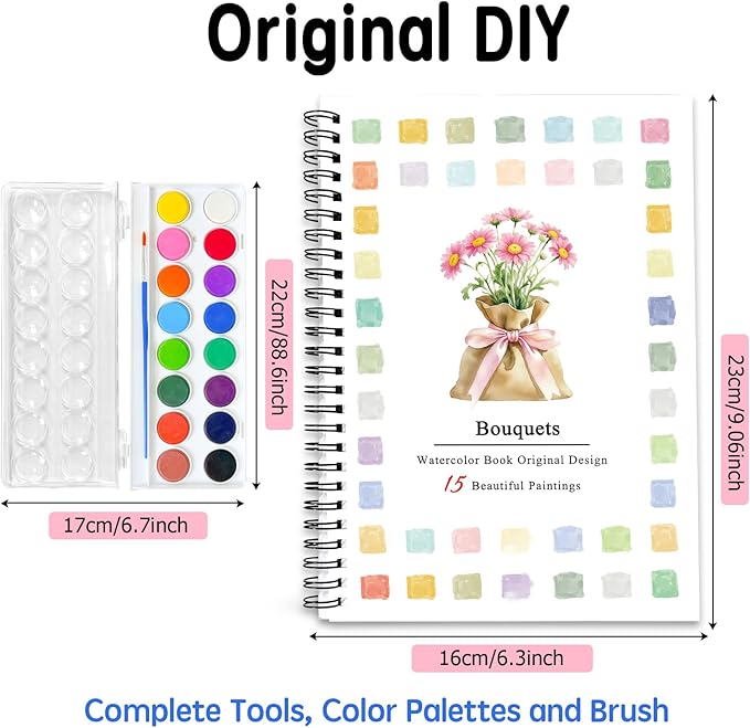 SLWBZ Watercolor Workbook Bouquets, 15 Different Patterns of Original DIY Designs, 16 Color Watercolor Paint Plates with Palette and Brush, Beginner-Friendly Watercolor Workbooks, Bouquets