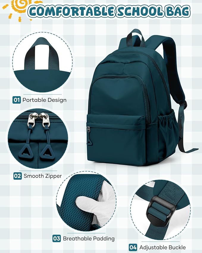 winspansy Backpack for School Teenage Girls Boys,Waterproof Lightweight School Bags Travel Daypack Simple Cute College Backpack Rucksack for Women Men fit 14 Inch Laptop,Peacock Blue