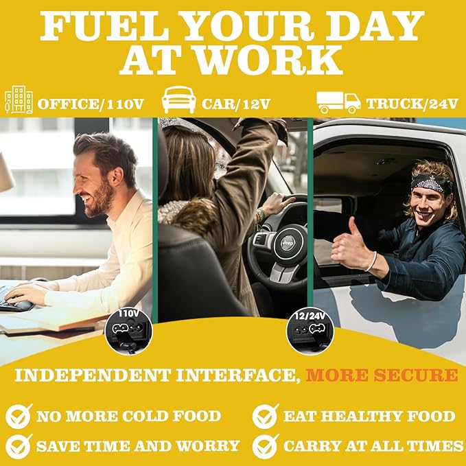 Buddew Electric Lunch Box 80W Food Heater for Adults, 12/24/110V Portable Lunch Warmer Upgraded Heated Lunch Box for Car/Truck/Office with SS Fork&Spoon and Insulated Carry Bag(Yellow)