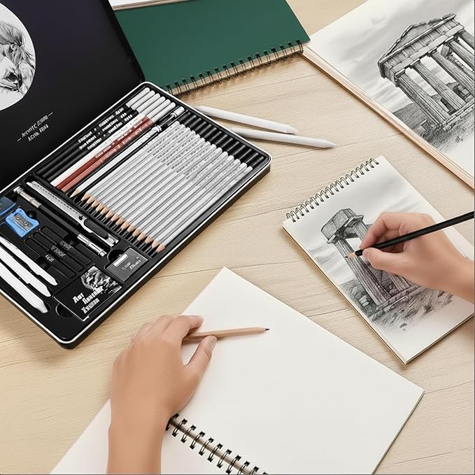 Drawing Sketching Pencil Set, 33 PCS Graphite and Charcoal Pencils with Blending Stumps, Erasers, Art Knife & Pencil Extender in Metal Box, Artist Sketching Supplies for Drawing & Shading