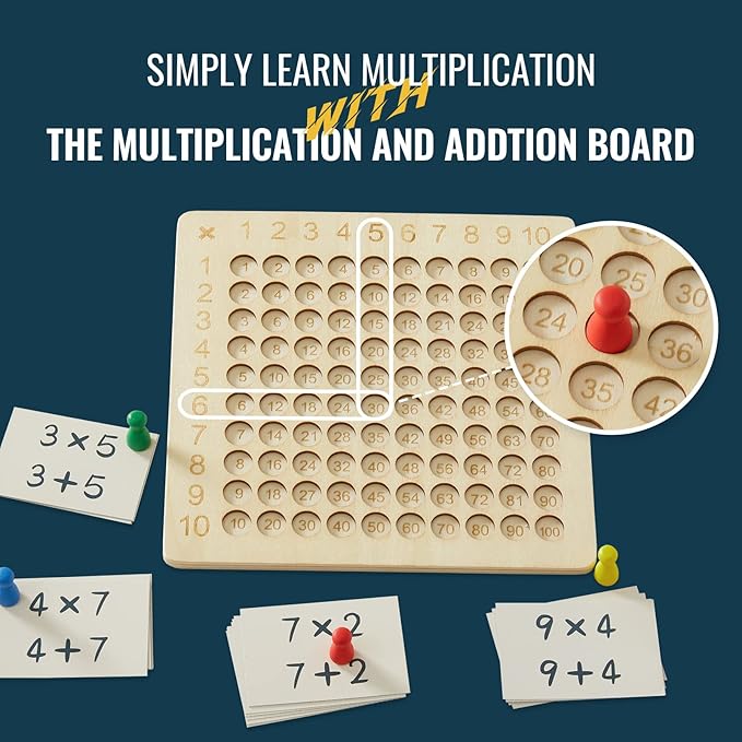 Asweets 2 in 1 Wooden Montessori Multiplication Addition Board Game Montessori Toy Educational Math Table Board Game Double-Sided Boards for Toddlers and Preschool Gifts for Kids (Pack of 2)