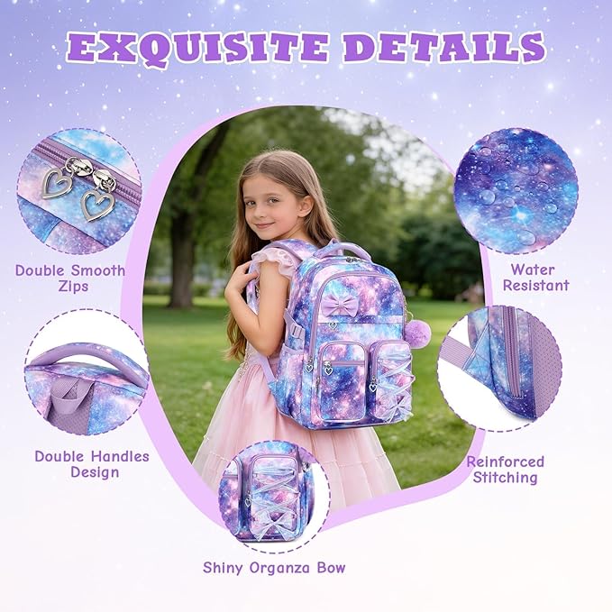 MOONBABY Kids Backpack for Girls, Fits 15.6 Inch Laptop Large Capacity School Bookbag, Girls Backpack with Lovely Pendant, Back to School Bag for Elementary Primary Students Teen Ages 6-12, Purple