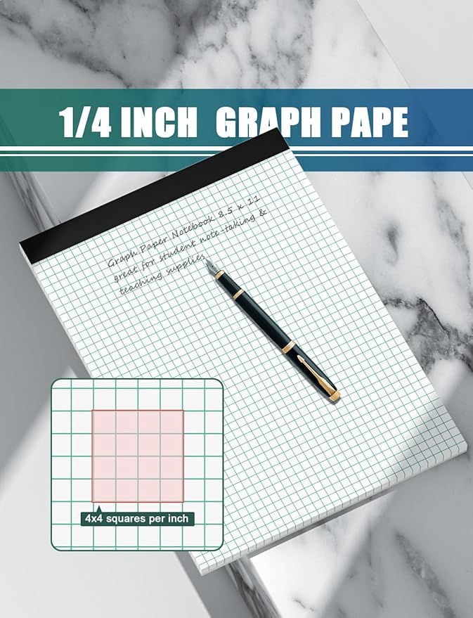 Graph Paper Pads 8.5 x 11, 4x4 Graph Ruled, 2 Pack 1/4 Graph Paper Notebooks, Grid Paper Pad Notebook 8-1/2" x 11" Graphing Paper, Perforated Quadrille Pad, 70GSM White Graft Paper Pads, 30 Sheets/Pad