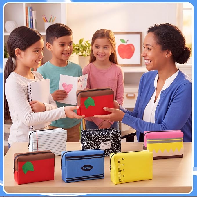 Kacctyen 6 Pack Back to School Teacher Gifts Bulk Teacher Pencil Pouch Makeup Bags Survival Kit Notebook Apple Crayon Pencil Designs Cosmetic Bags Pouch for First Day of School Stationery Party Favors