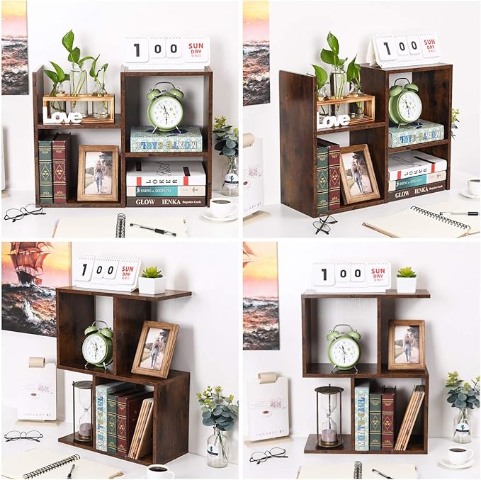 PAG Desktop Shelf Freestanding Wooden Small Bookshelf Desk Supplies Organizers and Accessories Storage Display Rack Office Dorm Decor for Women, Antique Brown