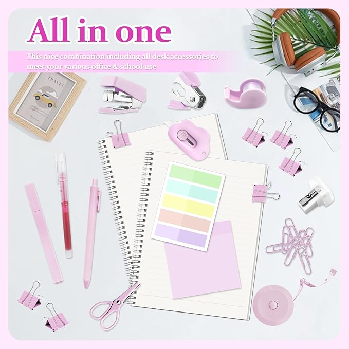Mini School Supplies Kit, Pink Stapler with Staples and Tape Dispenser Set, Mini Stationary Set Includes Sticky Notes Index Tabs Highlighters Gel Pens for Office & Back to School Supplies
