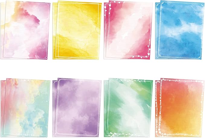 Anzon Mories Watercolor Stationery Paper Set 96 Pieces (Lined) Double Sides Colored 21lb/100gsm Heavy Weight Writing Stationary Paper 8.5” x 11” US Letter Size, 8 Colors Original Design College Ruled