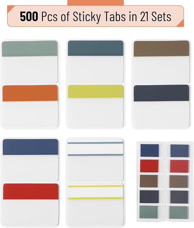 Mr. Pen- Sticky Index Tabs, 500 Pcs, 21 Sets, Colorful, Writable Colored Pages Markers Labels for Reading Notes, Books, Binders, Notebook, Folders and Classify Files, Water-Resistant