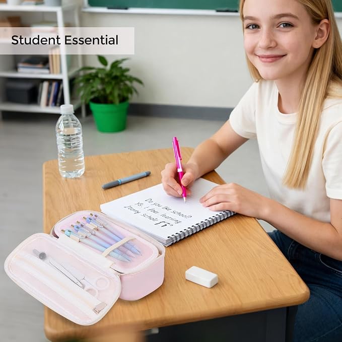 SKYDUE Pink Pencil Case for Girls – Large Capacity Zippered Pencil Pouch with Multi-Compartment, Aesthetic Pencil Bag for School & Office Supplies