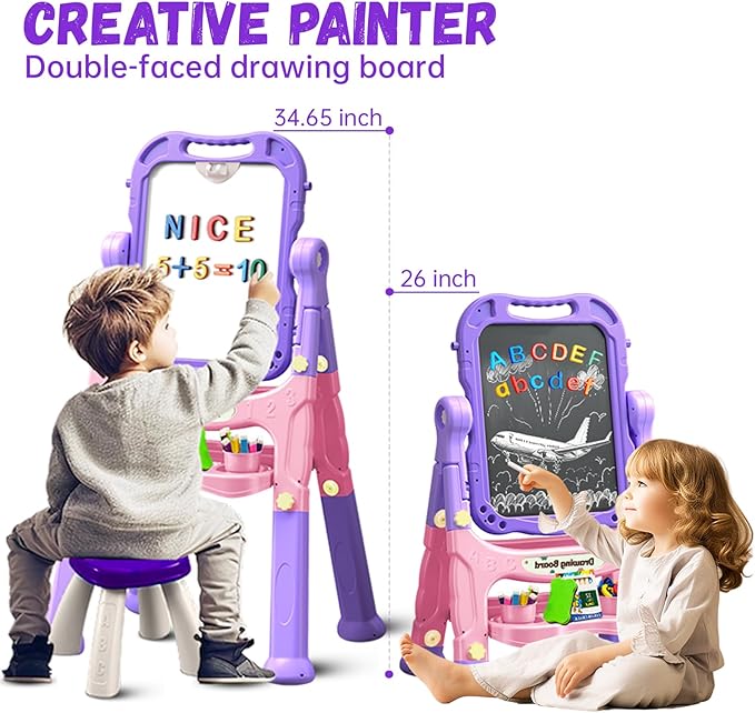 Art Easel for Kids Double Sided Magnetic Drawing Board with Letters & Numbers, Adjustable Standing Easel for Toddlers, Creative Play & Learning Toys for Girls - Purple