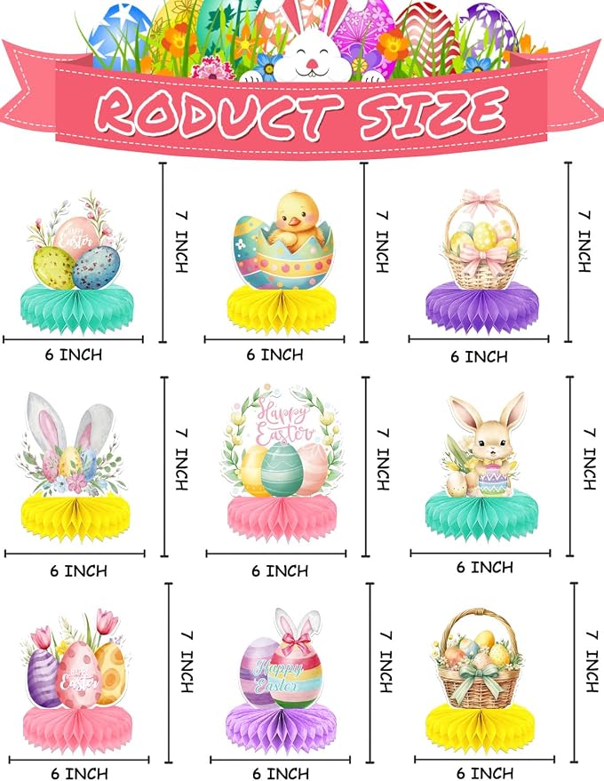 9Pcs Easter Centerpieces for Tables,Colorful Easter Centerpiece Table Decorations Cute Bunny Egg Honeycomb Centerpieces for Spring Happy Easter Rabbit Photo Prop Party Supplies