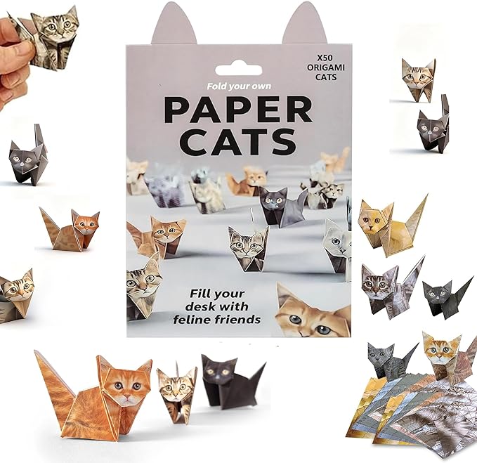 DIY Origami Paper Cats Kit, 50 Sheets Pre-Printed Paper cats with Cat Designs, Paper cats origami Fun Craft Activity for Adults, Creative Desk Decor and Gift for Cat Lovers
