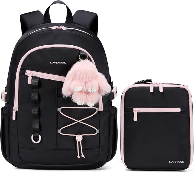 LOVEVOOK School Backpack for Girls, Large Capacity 16 Laptop Backpack with Insulated Lunch Box & Tumbler Pockets, Multi-Compartment Bookbag, Water-Resistant Travel Backpack, Black Pink