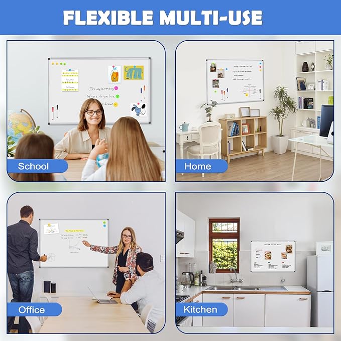 WALGLASS Magnetic White Board, 36" x 24" Double-Sides Dry Erase White Board for wall, Hanging or Mounted Whiteboard, Horizontal or Vertical, Silver Aluminium Frame, Home, School, Office, Kitchen