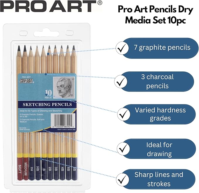 PRO ART 3077 10-Piece Dry Media Pencil Set,Black