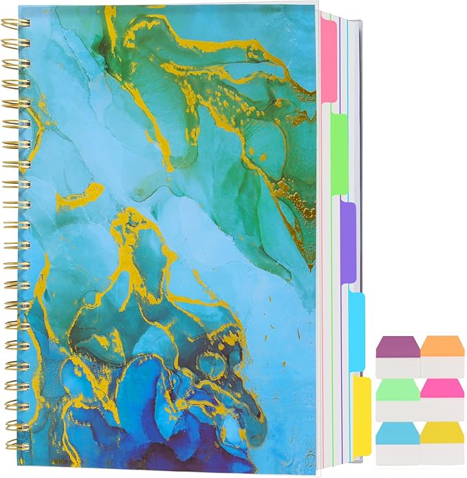 5 Subject Notebook College Ruled, A5 Spiral Notebook with Removable Pocket Dividers Tabs, Lined Organizer Notebook Journal for Women, 240 Pages Notebooks for Work School Note Taking, Blue Marble