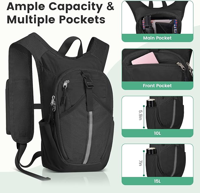Small Hiking Backpack 15L- Lightweight Packable Foldable Backpack for Travel Camping Outdoor Commute, Compact Rucksack for Women Men(Black)