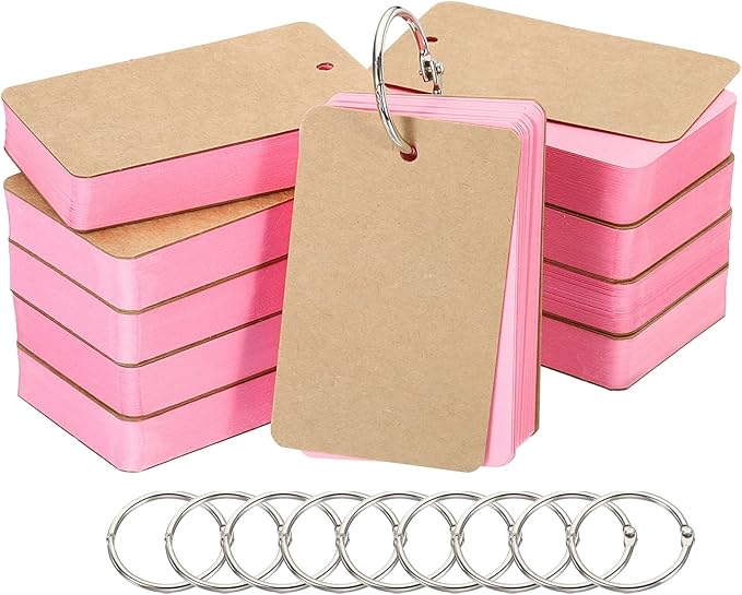 PATIKIL Blank Index Cards with Ring, 500Pcs Colored Blank Flash Card 3.5" x 2" Note Card Study Card for Memory Learning Studying Office Supplies, Pink