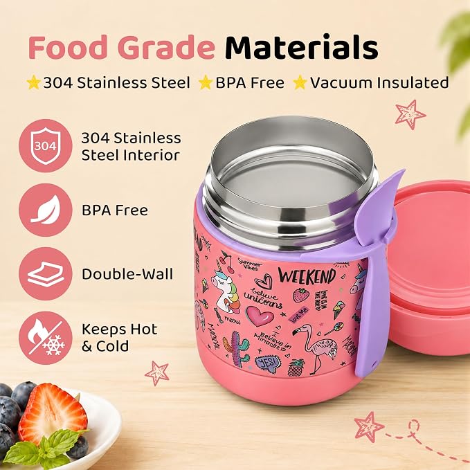 Pawtong 10oz Soup Thermo for Hot Food Kids Insulated Food Jar,Thermo Hot Food Lunch Container, Width Mouth Stainless Steel Lunch Box for Kids with Spoon (Pink-flamingo)