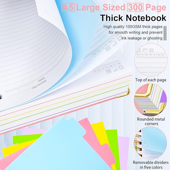 Hardcover Spiral Notebook 6.2"x 8.2" Journal Notebook with Tabs and Removable Dividers 300 Pages 5 Subject Notebook College Ruled, Faux Leather Spiral Bound Notebook for Women School Work (Pink)