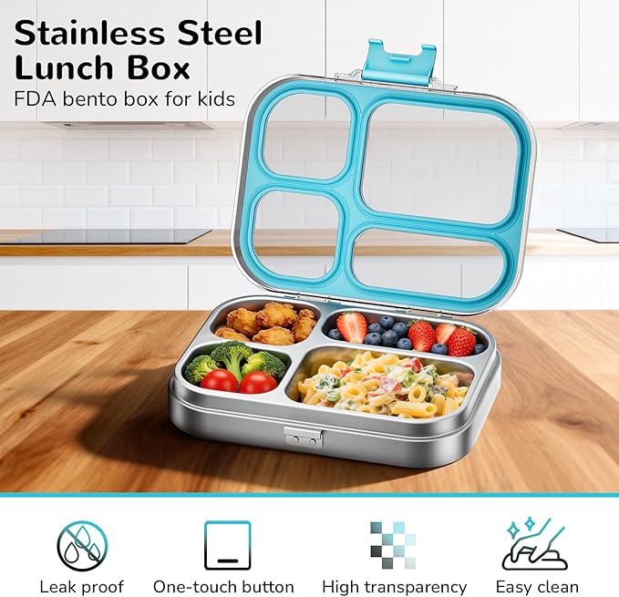 G.a HOMEFAVOR Stainless Steel Lunch Box - 4 Compartments Bento Box for Kids, Leakproof Food Container for School, Office, Dishwasher Safe, BPA-Free, 800 ml/27 oz, Blue