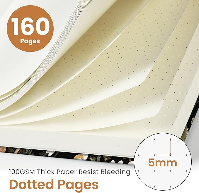 Taja Pretty Dotted Journal for Women, Aesthetic Cute Hardcover Leather Journal for Writing, A5 Journaling Notebook for Work & Sketch, Perfect for Office School Home, 160 Pages, Mushroom