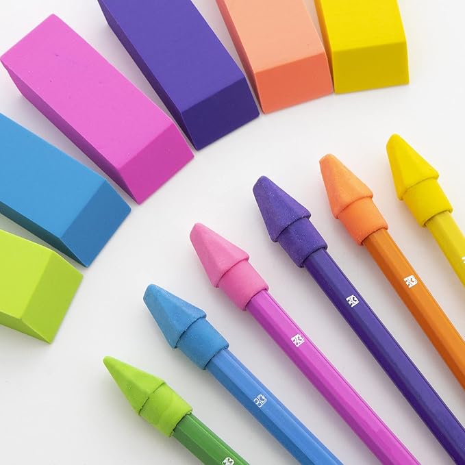 BAZIC Products Erasers + Pencil Top Erasers Set (12/Pack), Block Bevel Erasers Neon Color, Arrowhead Caps Tops, Latex Free, for Art Drawing School, 24-Packs