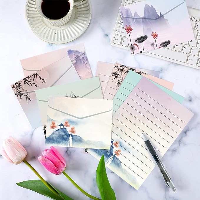 Geyee 200 Pieces Watercolor Stationary Paper and Envelopes Include 100 Lined Sheets and Envelopes, 5. 5 x 8. 25 Inch Double Sided Printing Letter Writing Paper with Mailers(Landscape)