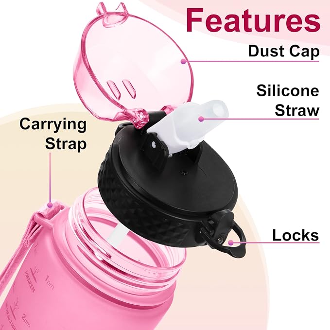24 OZ Motivational Kids Water Bottle With Time Marker,Straw Lid,Leak Proof, Tritan BPA Free Sports Water Bottle Pink Purple(1 Lid)