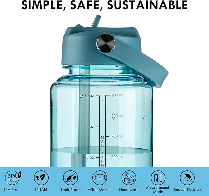 OLDLEY 32 oz Clear Water Bottle with Straw,Tritan BPA-Free, Wide Mouth, Leak Proof - for Gym, Travel, Home, School, Office (Surfer)