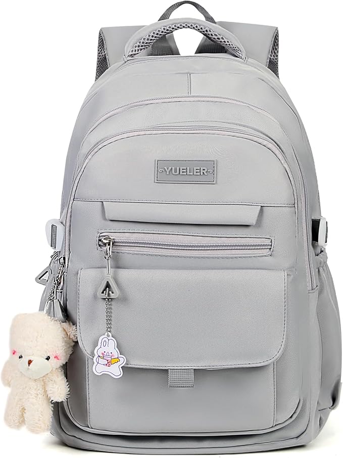 PRLINJSK Girls Backpack for College High Middle School Student, Cute Aesthetic Bookbag for Teens Women with Accessories,Grey