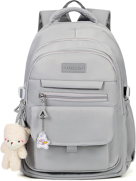 PRLINJSK Girls Backpack for College High Middle School Student, Cute Aesthetic Bookbag for Teens Women with Accessories,Grey