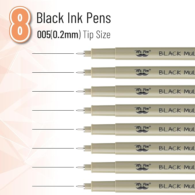 Mr. Pen- 0.2mm Micro Fine Point Pens, 8 Pack, Black Ink, Waterproof, Acid-Free, No-Smear Quick-Dry Fineliner Pens for Drawing, Sketching, Bible Journaling, Outlines & Everyday Writing