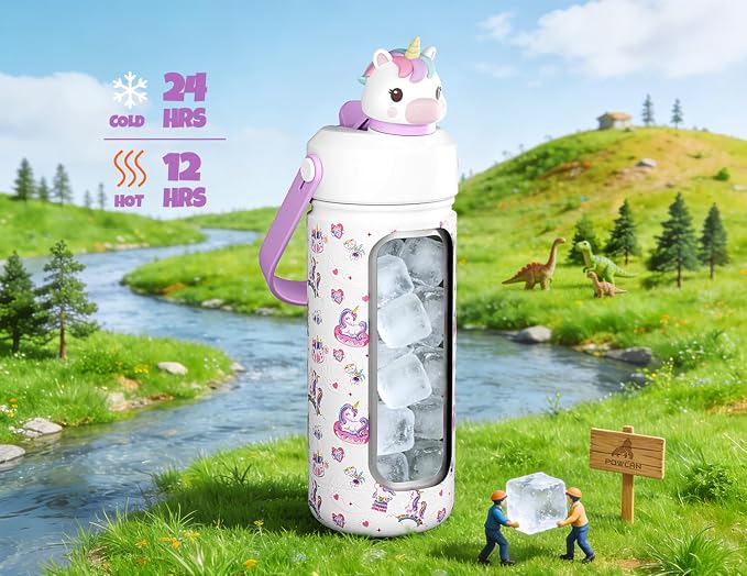 POWCAN Kids Water Bottle for School: 2-in-1 Straw Spout Lid with Soft Animal Head, Leakproof, Backpack Friendly, Keep Cold 24H, Insulated cup for Sports, Trip, Holiday Gift, Unicorn Starland 18 Ounces