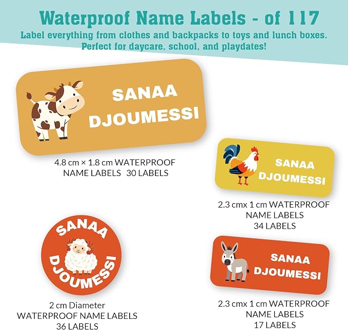 Personalized Daycare Name Labels for Kids (117 Labels) - Custom Durable Waterproof Name Stickers for Clothing Tags, Water Bottles, Lunch Boxes, and School Supplies - Dishwasher, Washer