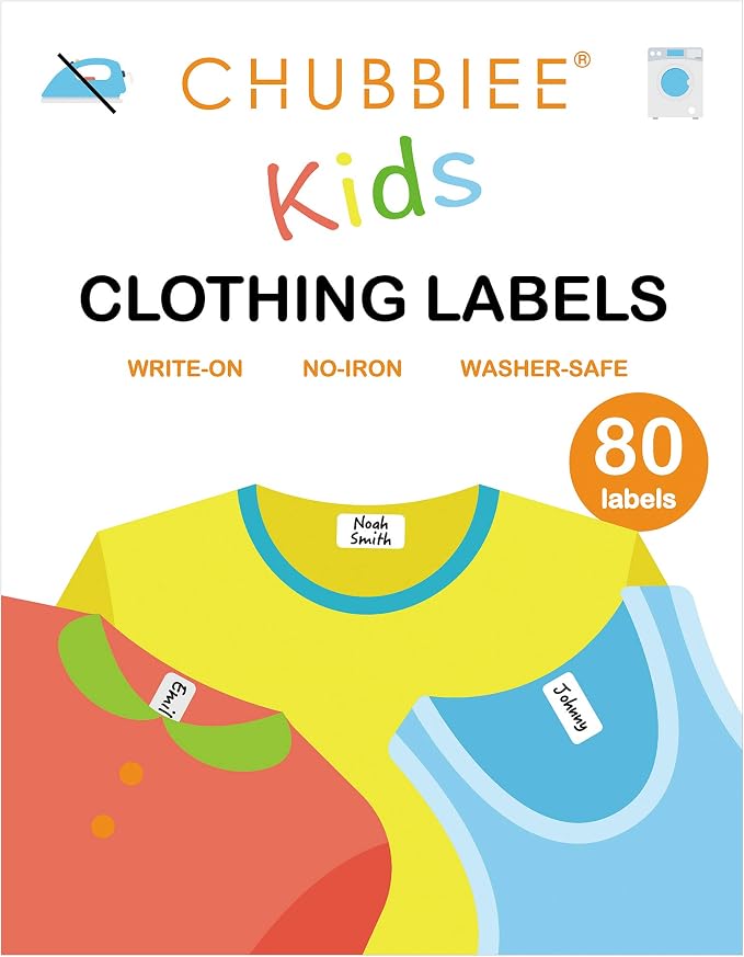 CHUBBIEE All Purpose No-Iron Kids Clothing Labels, 80-Pack | Self-Stick Write-On Fabric Labels for Camp, School, Daycare, Nursing Care, Toys, Organizing, Washer & Dryer Safe