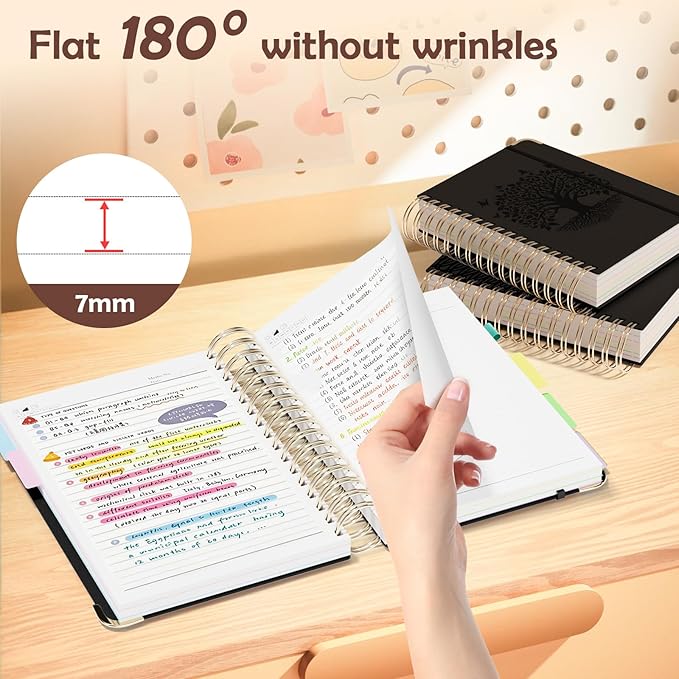 QIYVLOS Hardcover Spiral Notebook, A5 Journal with Removable Dividers Tabs, 5 Subject Notebook College Ruled, 320 Pages 6"x8" Leather Notebooks for Work School Study, Lined Journal for Women, Black